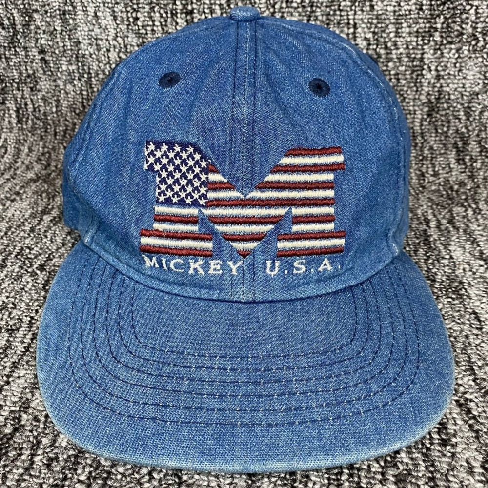 VTG 90s Mickey Inc Disney USA Flag M Denim Strapback Hat Cap Blue Made Taiwan